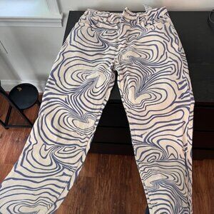 Zara blue and white topographical denim straight leg jeans